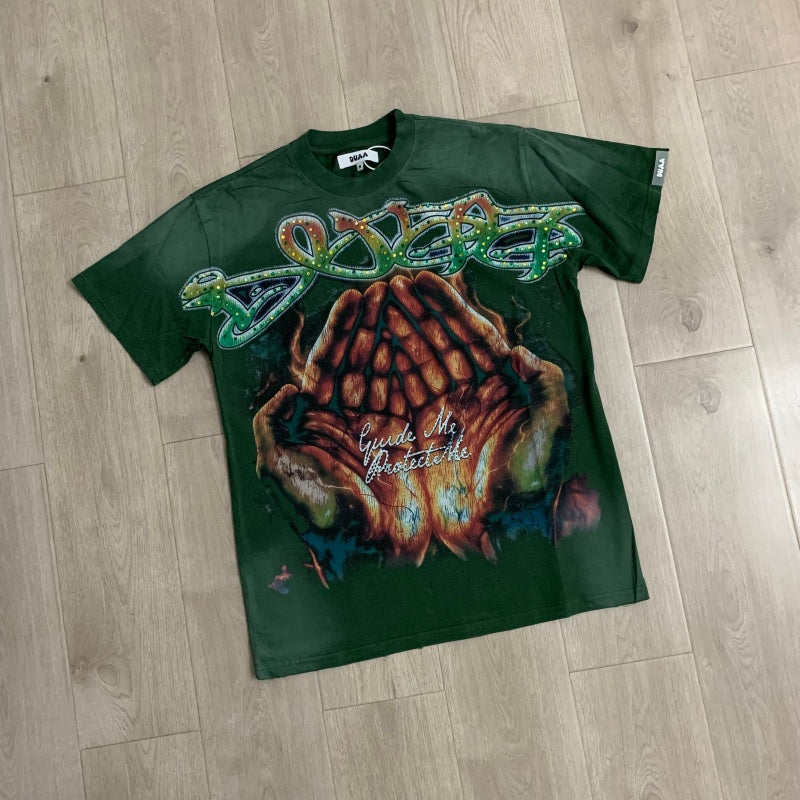 DUAA T shirts Monkey-wash, distressed finish, and hot-fix rhinestone embellishment.