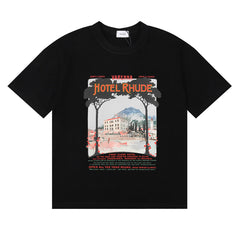 Rhude T Shirts Varenna Town Printed Cotton Casual Short Sleeves Men and Women