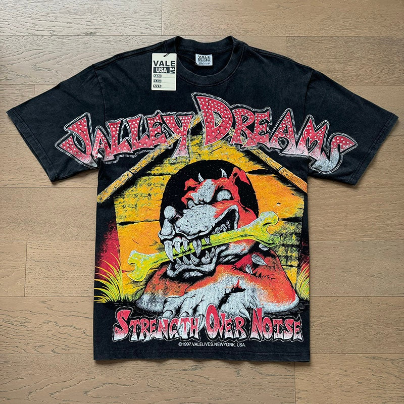 Valeforever Vale T Shirts Washed black with a distressed finish and hot-fix rhinestones.