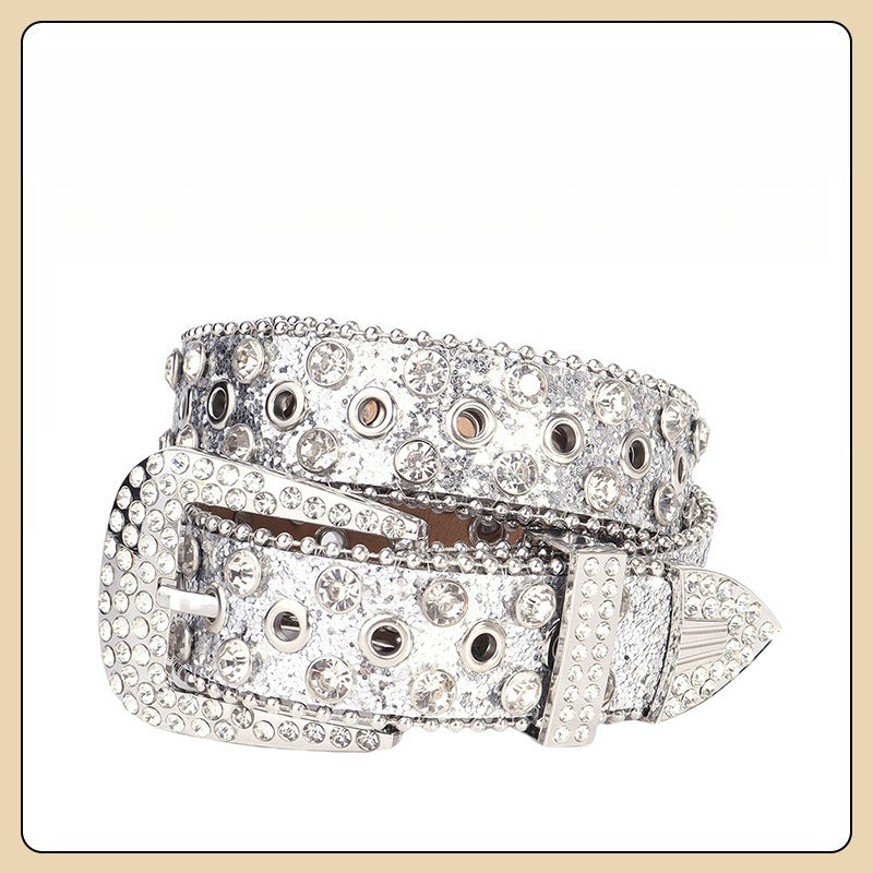 Hip-hop punk rhinestone belt with multiple air eyelet decoration