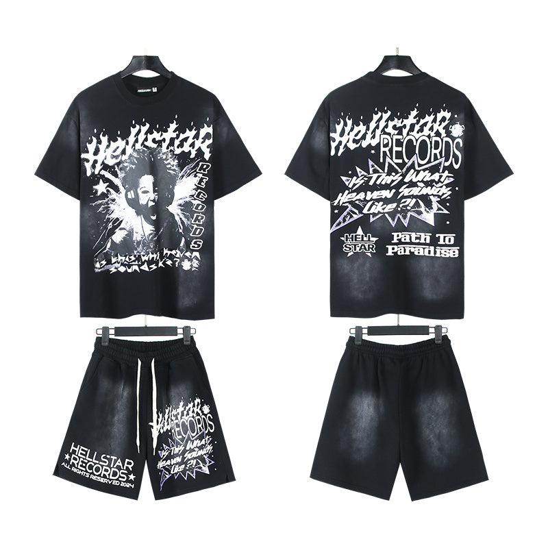 Hellstar T-Shirt And Shorts Two-Piece Set High-quality pure cotton high-street clothing