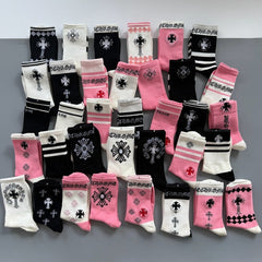 Chrome Hearts Socks Medium Tall Striped Letter Red Lip Embroidery